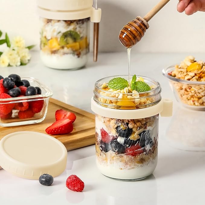 LANDNEOO 6 Pack Overnight Oats Containers with Lids and Spoons, 16 oz Glass Mason Overnight Oats Jars, Large Capacity Airtight Jars for Milk, Cereal, Fruit(Beige