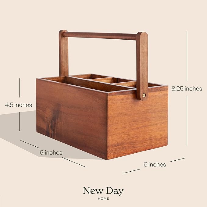 Acacia Wood Utensil Caddy with Handle, Wooden Silverware Holder, Multi-purpose Organizer for Kitchen, Office, Bathroom, Bedroom