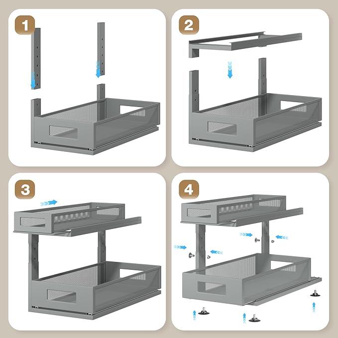 2 Pack 18.5IN-Depth Under Sink Organizer With Next-Gen Ball-Bearing Slides,2-Tier Pull Out Cabinet Storage,Height Adjustable Drawer Shelf for Bathroom,Kitchen,Laundry,Cabinet,Pantry-Gun Gray