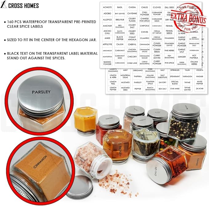 15 Set Magnetic Spice Jars - Large 4 oz Refrigerator Hexagon Glass Spice Containers with Magnetic Lids and Shaker Spice Labels for RV Travel Trailer Kitchen Fridge Cabinet Wall Mount
