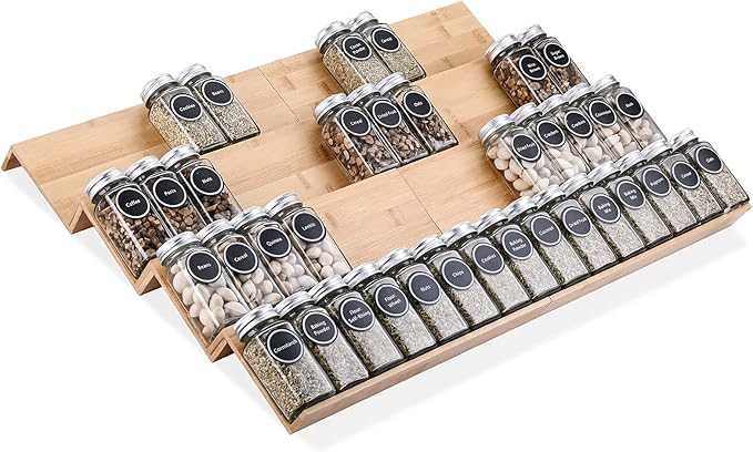 Bamboo Spice Rack Tray - Spice Drawer Organizer for Kitchen Cabinets Storage and Organization (Jars Not Included)