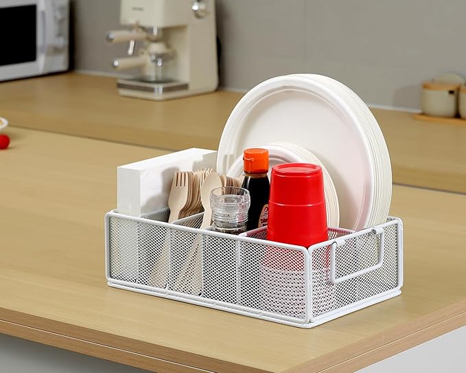 Paper Plate Dispenser with Handle, Metal Paper Plate Holders for Kitchen Counter, Utensil Holder Organizer with 6 Compartments, Silverware Holder Caddy for Cup Fork Napkin Party Camping-White
