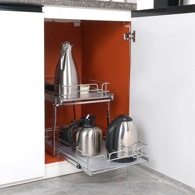VEVOR 2 Tier 12.7" Wx21 Dx3.1" H Pull Out Cabinet Organizer, Heavy Duty Slide Out Pantry Shelves, Chrome-Plated Steel Roll Out Drawer for Under Sink, 11.8" Wx20.3" Dx3.1"H Install Size for Cabinet