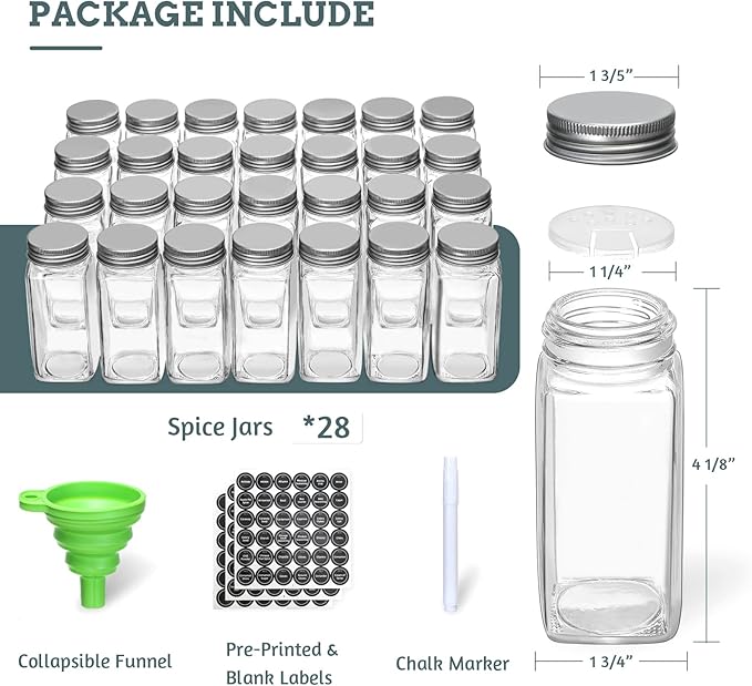 VITEVER Spice Rack with 28 Spice Jars, Organizer for Cabinet, Spice Jars with Labels, Chalk Marker and Funnel, 4 Tier, Countertop, Pantry, Cupboard, Door or Wall Mount, Black