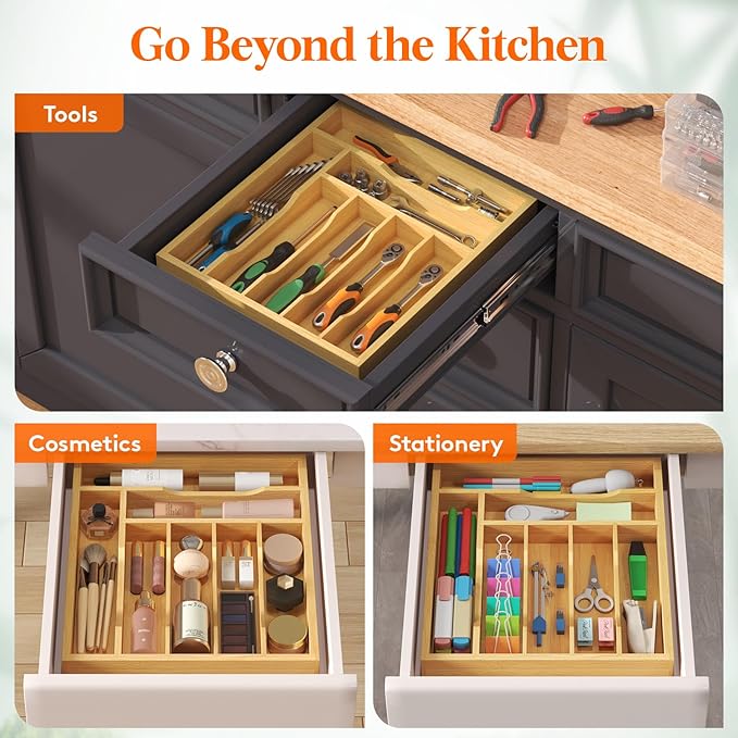 Lifewit Silverware Drawer Organizer Tray, Bamboo Cutlery Storage for Kitchen Drawer, 7 Compartment Flatware and Utensil Holder Divider for Spoons Forks Knives Tableware, Natural