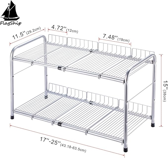 Flagship 2 Tier Under Sink Organizers and Storage Rack Expandable Cabinet Shelf Rack for Kitchen Bathroom Silver (16-25 inches)