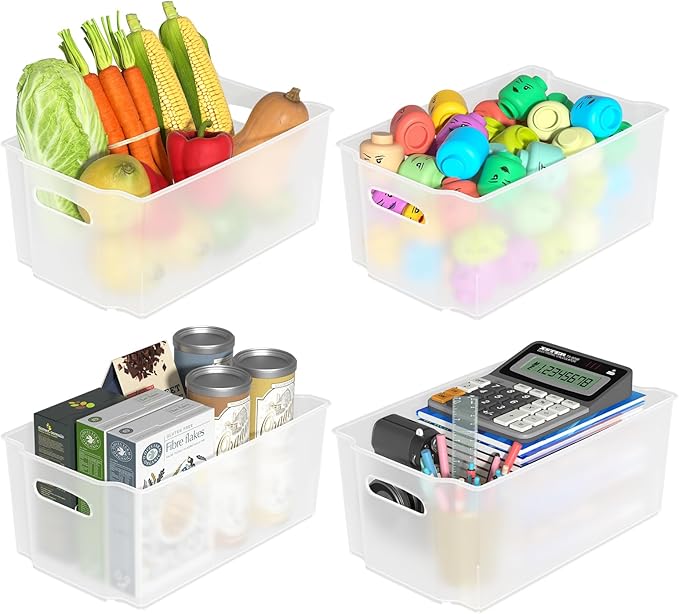 4-Pack Plastic Freeze Bin, Stackable Freezer Storage Boxes, Chest Freezer Storage Containers, Matte Transparent