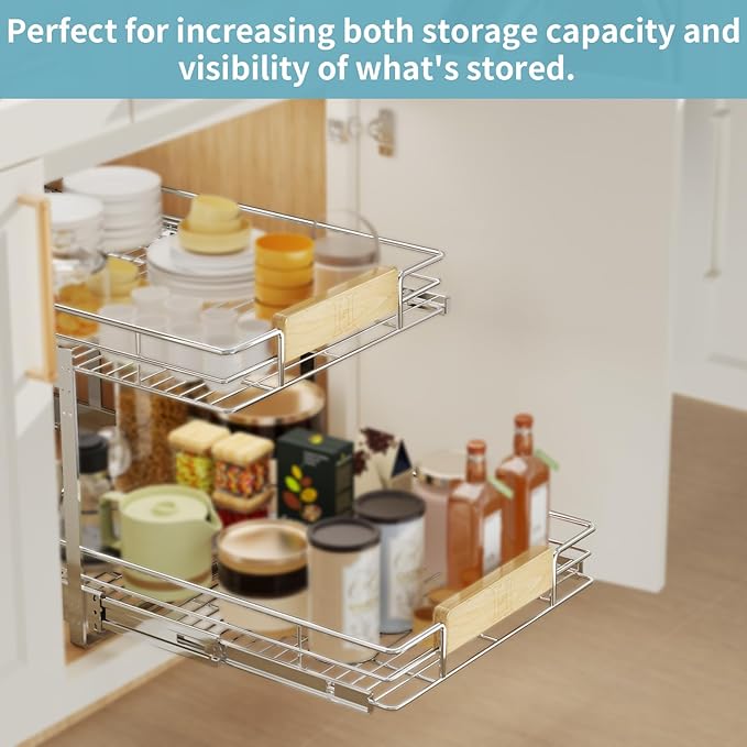 LOVMOR 2 Tier Pull Out Cabinet Organizer 16½" W x 21½" D, Slide Out Drawers with Wooden Handle, Sliding Shelves Organization and Storage for Kitchen, Pantry