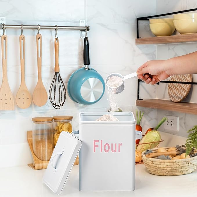Youeon 200 Oz/25 Cup Metal Flour Storage Container with Airtight Lid and Measuring Scoop, Square Flour Canister with Handle, White Storage Canister for Kitchen Counter, Farmhouse Decor
