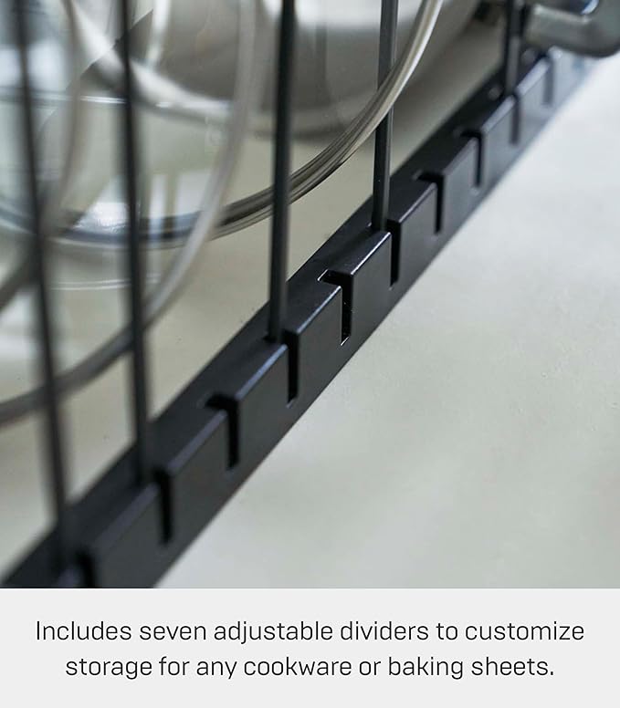 Yamazaki Home Adjustable Lid & Pan Organizer - Kitchen Drawer Storage Shelf Rack Steel One Size Black