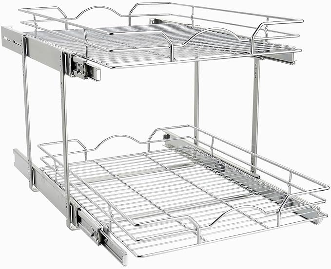 OCG 2 Tier Pull Out Cabinet Organizer (20" W x 18" D), Pull out Drawers for Kitchen Cabinets, Pull Out Shelves for Base Cabinet Organization in Kitchen Bathroom Pantry, Chrome Finish