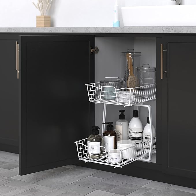 ClosetMaid 14 in. Pull Out Cabinet Organizer, 2 Tier, Heavy Duty, Slide Out Pantry Shelves Drawers for Kitchen, Bathroom, White