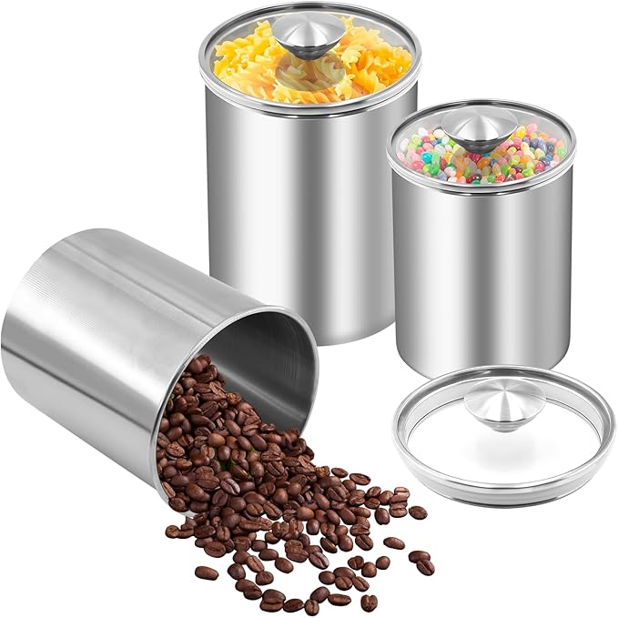 ENLOY Canister Sets for Kitchen Counter, 3 Piece Stainless Steel Food Storage Container with Clear Glass Lids for Coffee, Tea Organizers, Sugar Canister, Flour Canister Set of 3, 88/61/29 oz