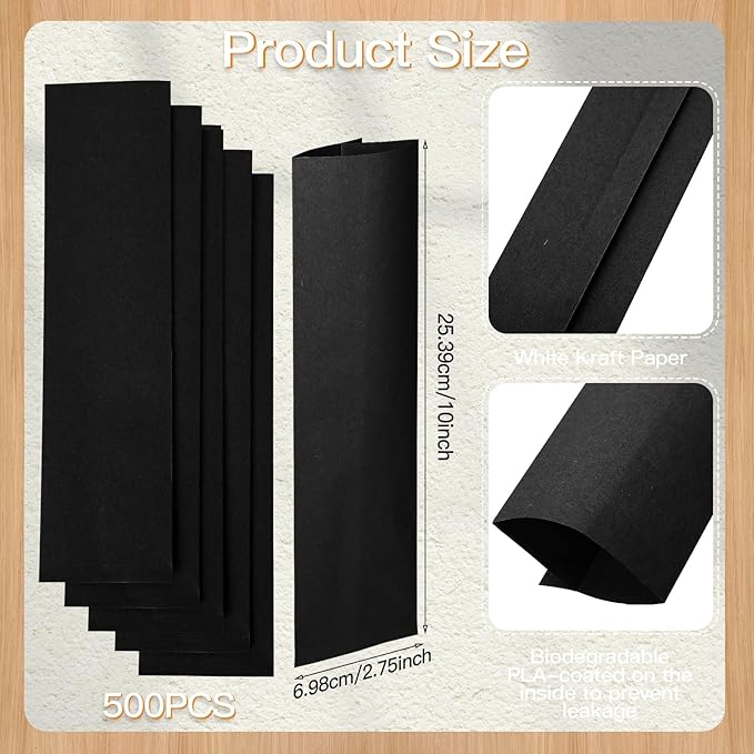 Geelin 500 Pcs Paper Silverware Bags 10" x 2-3/4" Kraft Utensils Sleeves for Restaurant Flatware Holder Unprinted Cutlery Bags Chopsticks Holder Christmas Wedding Party Tableware (Black)