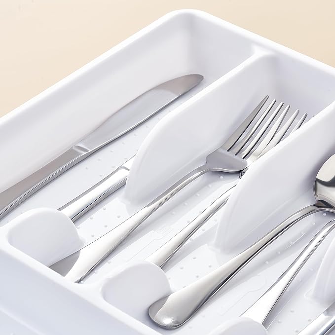 Silverware Organizer With Lid, Utensil Drawer Organizer. Removable Lid, 5 Slots Total Caddy for Flatware Cutlery Knives, Forks, Spoons.White