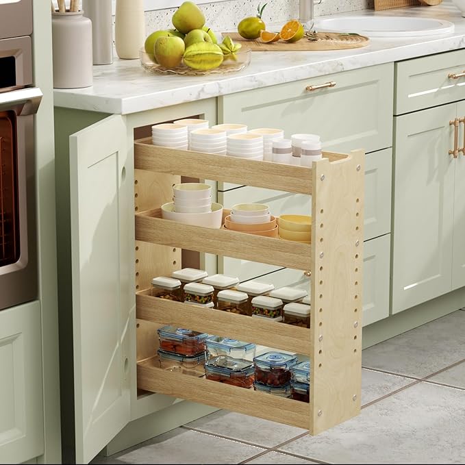 ROOMTEC Pull Out Cabinet Organizer with U Bracket,7½”W x 24½”H 4-Tier Adjustable Kitchen Spice Rack, Spice Rack Organizer for Narrow Cabinet Drawers Slide Out, Soft Close