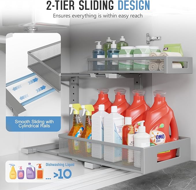 1 Pack-11.4"-16.14" H Under Sink Storage Organizer, Large 2-Tier Elegant Mesh Pull Out Shelf for Kitchen & Bathroom Cabinet Organization, L-Shaped, Adjustable Height - Space-Grey