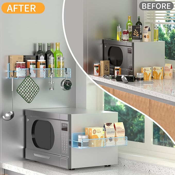 Magnetic Spice Rack for Refrigerator, 2 Pack Metal Magnetic Shelf Blue, Moveable Spice Organizer with Hooks, Super Magnetic Fridge Shelf for Kitchen Organization and Storage