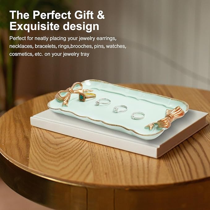 Vintage Decorative Tray Jewelry Tray Towel Tray Storage Tray Rings Necklace Bracelets Earrings Trays Cosmetics Jewelry Organizer Retro Design Bow Decor Resin Plate Coquette Room Decor (Green)