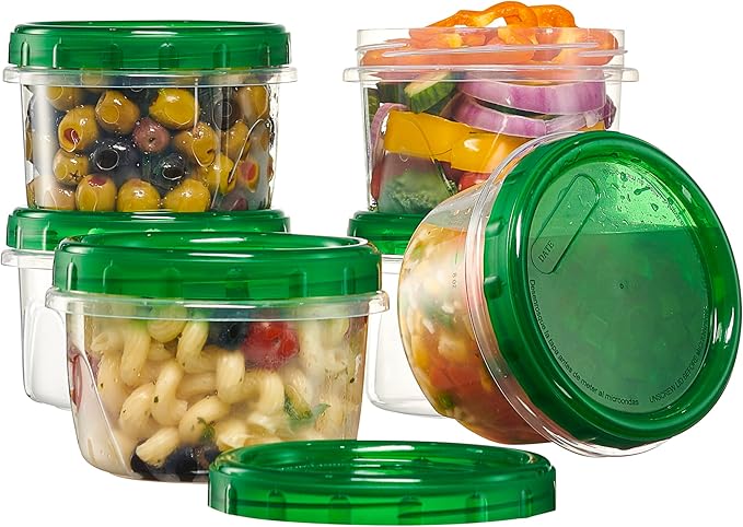 PLASTICPRO 12 Pack Twist Cap Food Storage Containers with Green Screw on Lid- 16 oz Reusable Meal Prep Containers - Freezer and Microwave Safe Green Plastic Food Storage