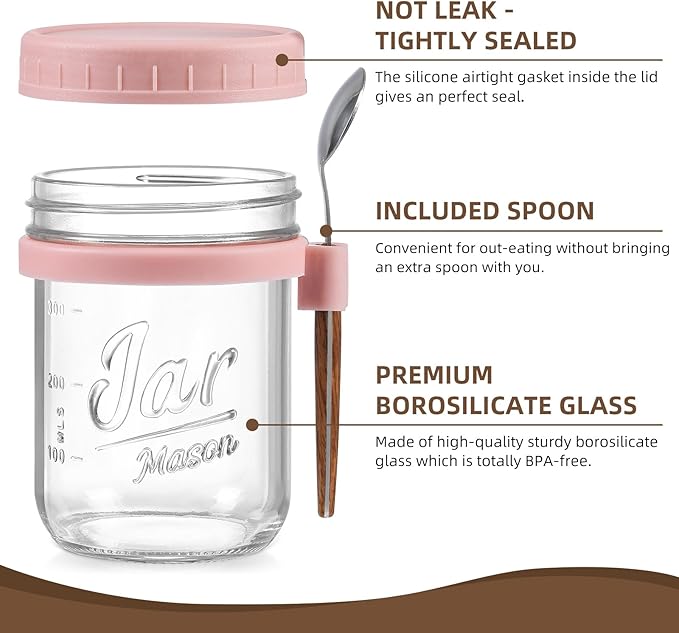LANDNEOO 6 Pack Overnight Oats Containers with Lids and Spoons, 16 oz Glass Mason Overnight Oats Jars, Large Capacity Airtight Jars for Milk, Cereal, Fruit(Pink)