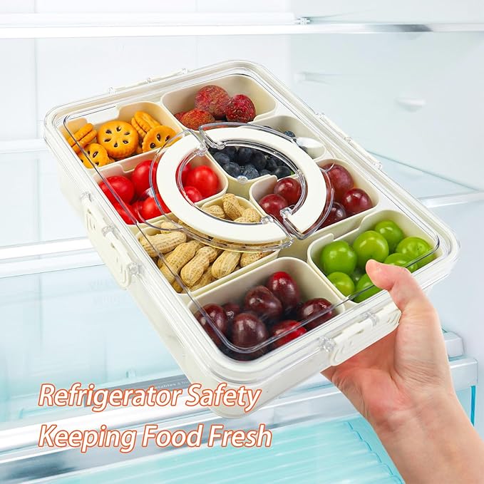 Snackle Box Container, 8 Compartment Divided Serving Tray with Lid and Handle, Snack Box Container for Candy, Fruit and Snacks, Great for Gatherings, Outings, Parties and Entertaining