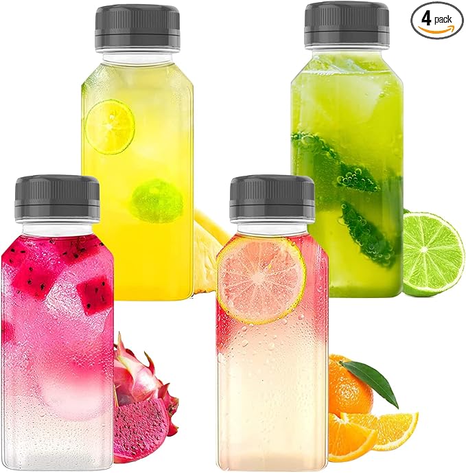10 OZ Plastic Juice Bottles, Reusable Bulk Beverage Containers, for Juice, Milk and Other Beverages, 4 Pcs.