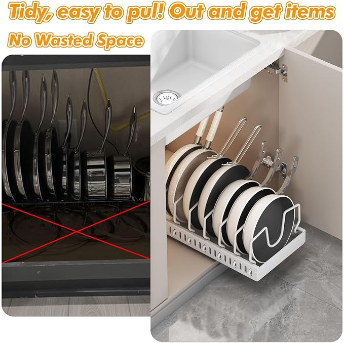 Pull-Out Pots and Pans Organizer Under Cabinet, Pot and Pan Organizers Inside Cabinet for Kitchen Cabinet Storage and Pots Storage Rack Pans Lid Dishes Holder Bakeware Organizer (white)