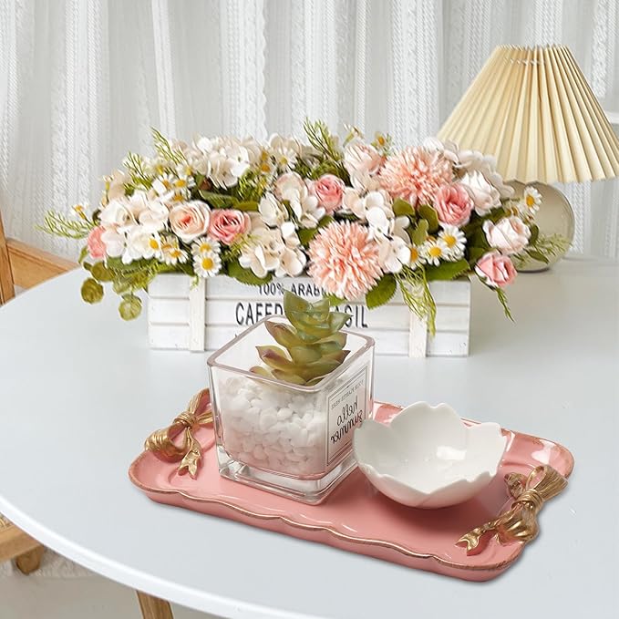Vintage Decorative Tray Jewelry Tray Towel Tray Storage Tray Rings Necklace Bracelets Earrings Trays Cosmetics Jewelry Organizer Retro Design Bow Decor Resin Plate Coquette Room Decor (Pink)