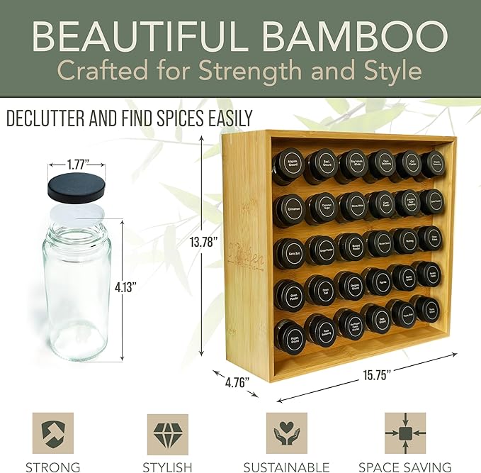 | Bamboo Spice Rack Organizer | 30 4 oz Spice Jars | 720 Labels | Funnel | Cabinet | Countertop | Pantry | Wall Mount