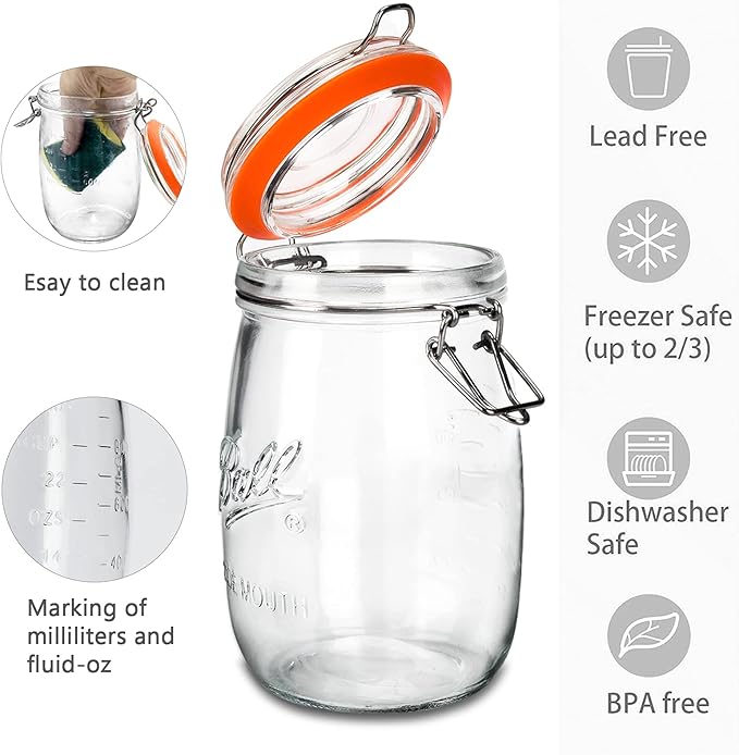 Wide Mouth Glass Jars with Airtight Lid 32OZ 4 Pack, Kitchen Storage Large Clear Canister Jars with Hinged Lid with Measurement Marks For Canning,Coffee,Flour,Sugar,Beans