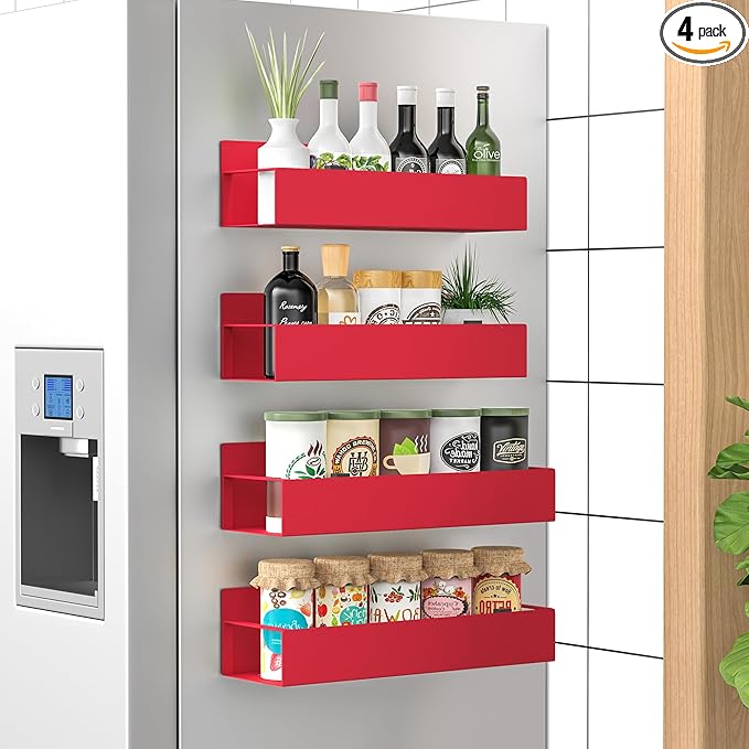 4 Pack Magnetic Spice Storage Rack Organizer for Refrigerator and Oven, Red Fridge Organizers and Storage