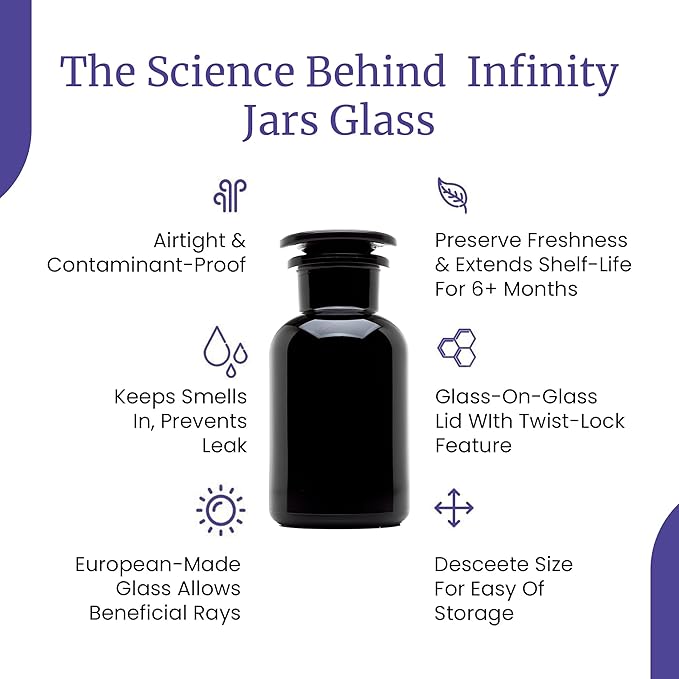 Infinity Jars Round jar Black Ultraviolet Glass Refillable Empty Apothecary Jar 250 ml(8.4 Fl oz) with Airtight Glass Lid for Tea, Spices, Dried Goods, Herb Storage | Smell Proof Jar