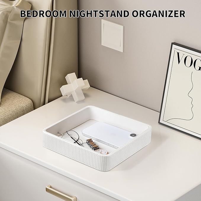 PU Leather Valet Tray Organizer, Small Nightstand Organizer Bedside Desktop Storage for Womens and Men, Perfume Trinket Catchall Vanity Tray for Key Watch Wallet (White, Square)