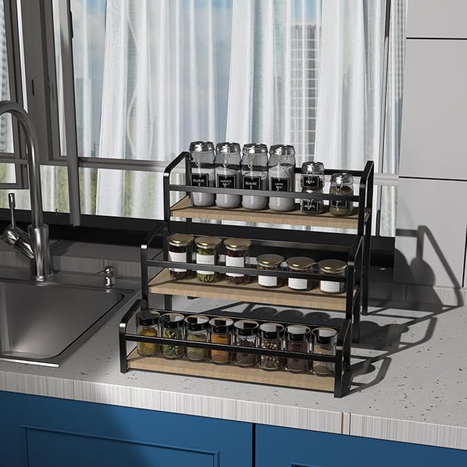Spice Rack Organizer for Countertop , 3-Tier Magnetic Spice Storage Holder with Wooden Steps for Kitchen , Coffee Syrup Rack Iron Fall Protection ,Versatile Display Rack for Wine Bottles,Cosmetics.