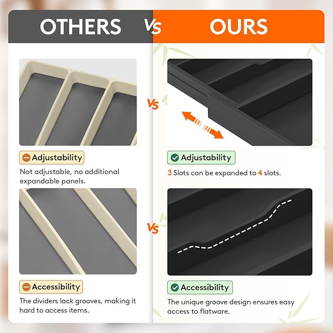 Lifewit Utensil Drawer Organizer, Expendable Cooking Silverware Tray for Kitchen Drawer, Bamboo Adjustable Cutlery Flatware Holder, Spatula Tools and Gadgets Storage Divider, 4 Compartments, Black