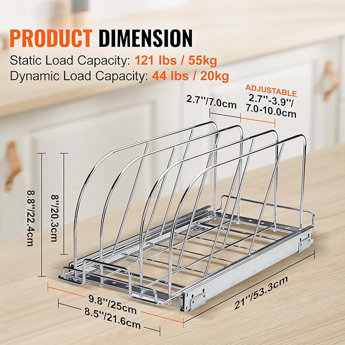 VEVOR Pan and Pot Rack, Expandable Pull Out Under Cabinet Organizer, Cookie Baking Pans tray Organization, Adjustable Wire Dividers, Steel Lid for Kitchen Cabinet & Pantry, 9.5"W