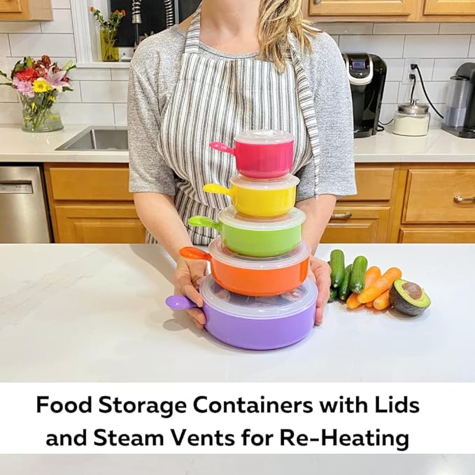 Evelots Microwave, Freezer Safe Bowls - 10 Piece Set - With Vented Lids and Handles - Soup Bowls, Ramen, Cookware, Food Container Microwave Safe - BPA Free Plastic