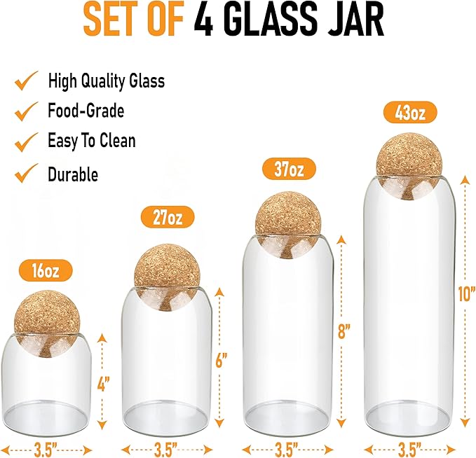 HOMEARAY Glass Food Storage Jars with Lids – Premium Transparent Cereal Jars Storage with Ball Cork Lid – Flour and Sugar Jars with Cork Stopper – Ideal for Storing Your Food