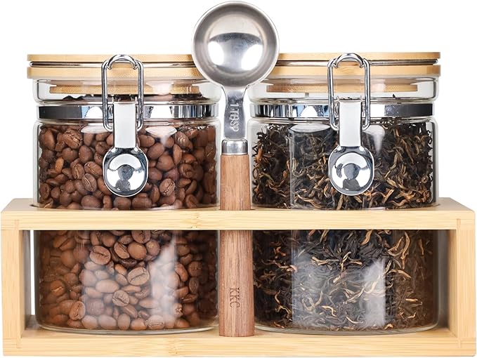 KKC HOME ACCENTS Airtight Borosilicate Glass Loose Leaf Tea & Coffee Beans Storage Jars with Bamboo Clamp Lid & Scoop - Glass Storage Canisters for Brown Sugar, Matcha, Pantry Organization - 27 Fl.Oz