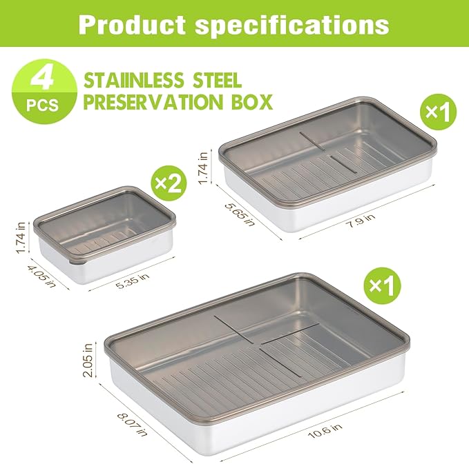 Deli Meat and Cheese Storage Container for Refrigerator, 304 Stainless Steel Airtight Bacon Storage Container,Kitchen Storage Containers Set for Home, Travel, Work, Party, Leftovers (4)