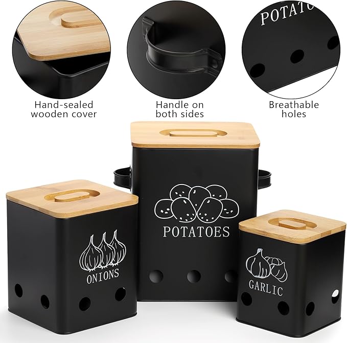 WUWEOT 3 Pack Vegetable Storage Tins, Potato Onion Garlic Storage Canister, Black Metal Vegetable Fresh Keeper Caddy, Kitchen Pantry Organizer Jars with Bamboo Lid and Aerating Holes