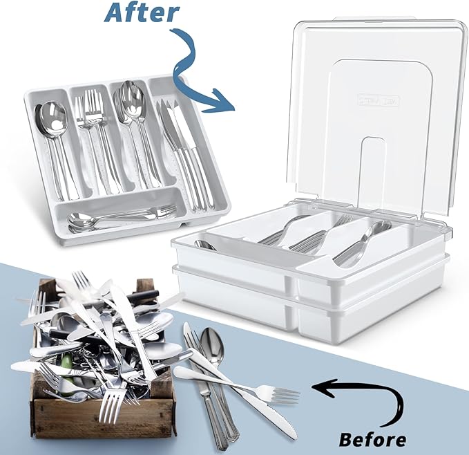 2 Layer Large Silverware Tray with Lid,Stackable Utensil Organizer for Countertop,Removable Tray for Flatware Organizer, White