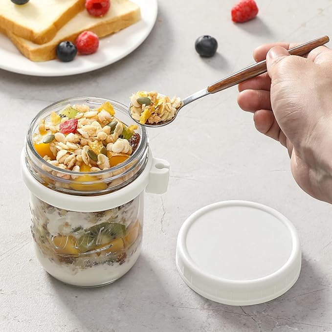 LANDNEOO 6 Pack Overnight Oats Containers with Lids and Spoons, 16 oz Glass Mason Overnight Oats Jars, Large Capacity Airtight Jars for Milk, Cereal, Fruit(White)