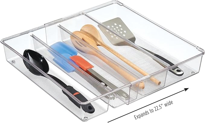 mDesign Plastic Adjustable/Expandable Divided Drawer Storage Organizer with 4 Compartments for Kitchen Pantry, Cupboard, Cabinet, Hold Silverware, Utensils, Cutlery - Ligne Collection - Clear