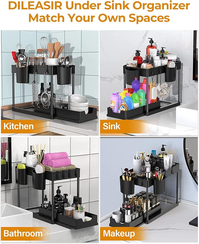 2 Pack Under Sink Organizers and Storage Bathroom, 2 Tier Under Sliding Kicthen Cabinet Basket Organizer with Hooks, Hanging Cup, Dividers, Handles, Multi-purpose Under Sink Shelf Organizer, Black