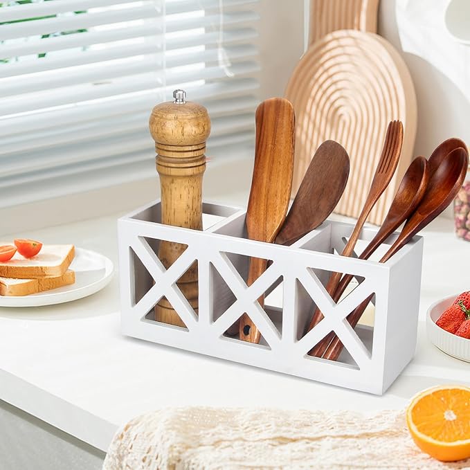 Wooden Cutlery Silverware Holder Flatware Utensil Caddy Wood Silverware Organizer Storage for Countertop Fork Spoon Knives Organizer Small Kitchen Utensil Holder Party White Table Cutlery Caddy