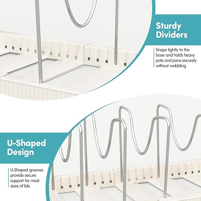 Pots and Pans Organizer for under Cabinet, Expandable Pan Pot Organizers inside Cabinet, Heavy Duty Pot Rack for kitchen organizers and storage Holder with 12 adjustable compartment White