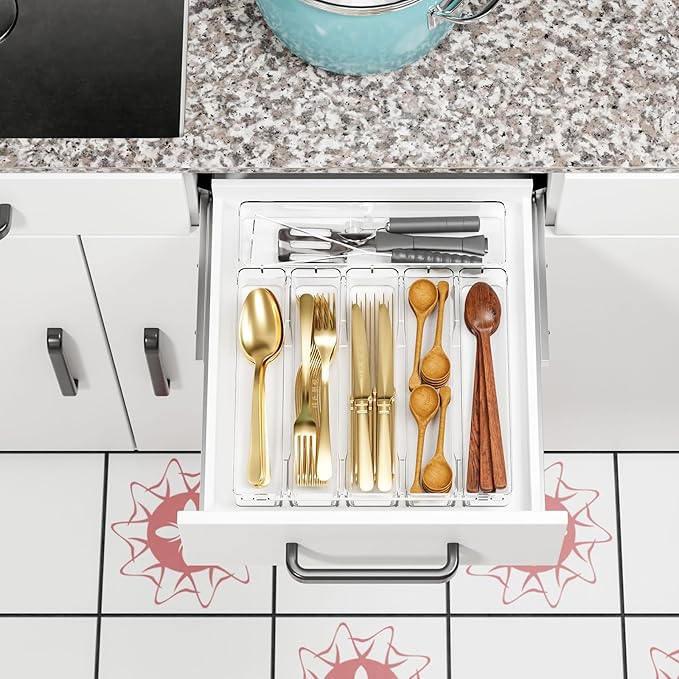 Clear Silverware Organizer for Kitchen Drawers,BPA Free Cutlery Drawer Organizer,6 Slots Plastic Utensils Organizer Suitable as In-Drawer Silverware Holder and Tray,Flatware,Knife,Fork,Spoon Organizer