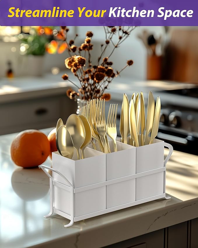 Silverware Caddy for Party - White Utensil Holder for Kitchen Counter, Compact Metal Organizer for Flatware, Cutlery, Spoons, Forks, and Knives, Cute Small Farmhouse Container for Countertop